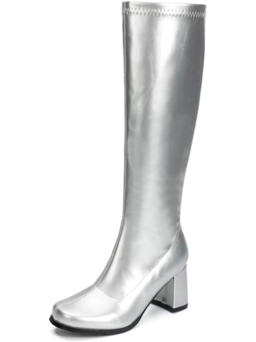 🆕Women's Silver Knee High Gogo Boots Square Toe Retro Disco Block Heel Boots